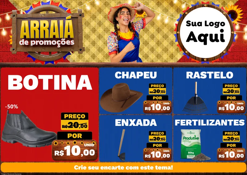 Modelo de Encarte para Encarte A4 Horizontal com o tema Arraiá de Promoções para Agropecuária