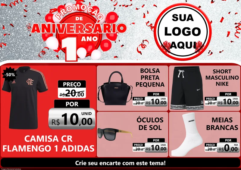 Modelo de Encarte para Encarte A4 Horizontal com o tema Promoção de Aniversário - 1 Ano para Roupas e acessórios
