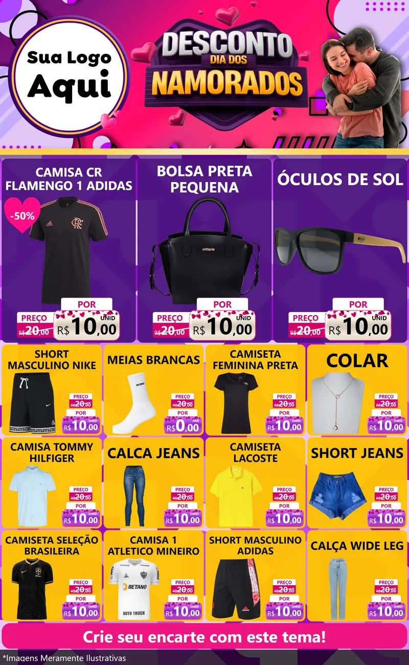 Modelo de Encarte para Encarte Grande com o tema Desconto Dia dos Namorados para Roupas e acessórios