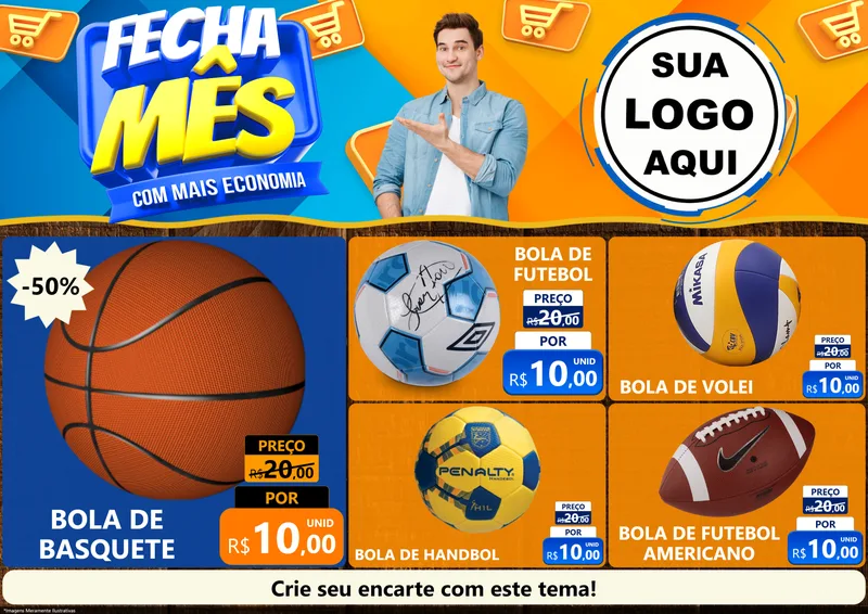 Modelo de Encarte para Encarte A4 Horizontal com o tema Fecha Mês Com Mais Economia para Artigos Esportivos
