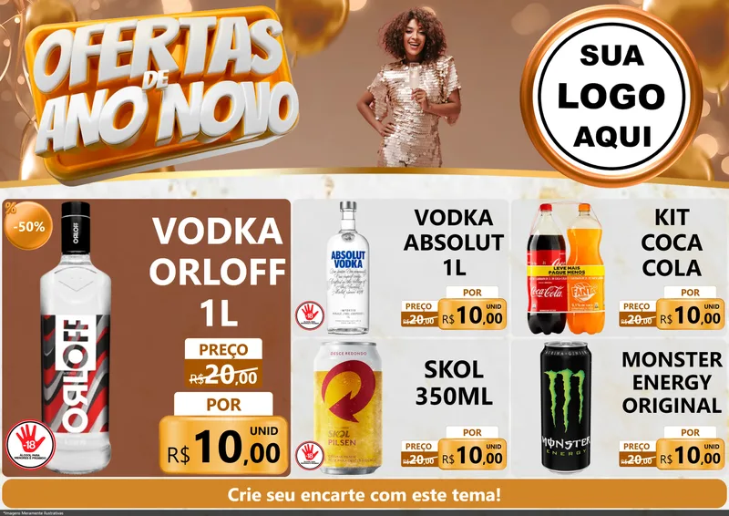 Modelo de Encarte para Encarte A4 Horizontal com o tema Ofertas de Ano Novo para Distribuidora de bebidas