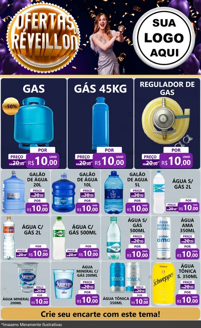 Modelo de Encarte para Encarte Grande com o tema Ofertas de Réveillon para Água e gás