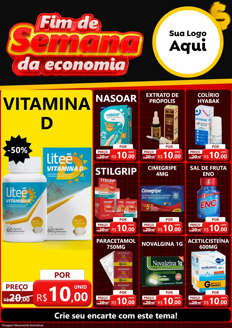 Modelo de Encarte para Encarte A4 Vertical com o tema Fim de Semana da Economia para Farmácia