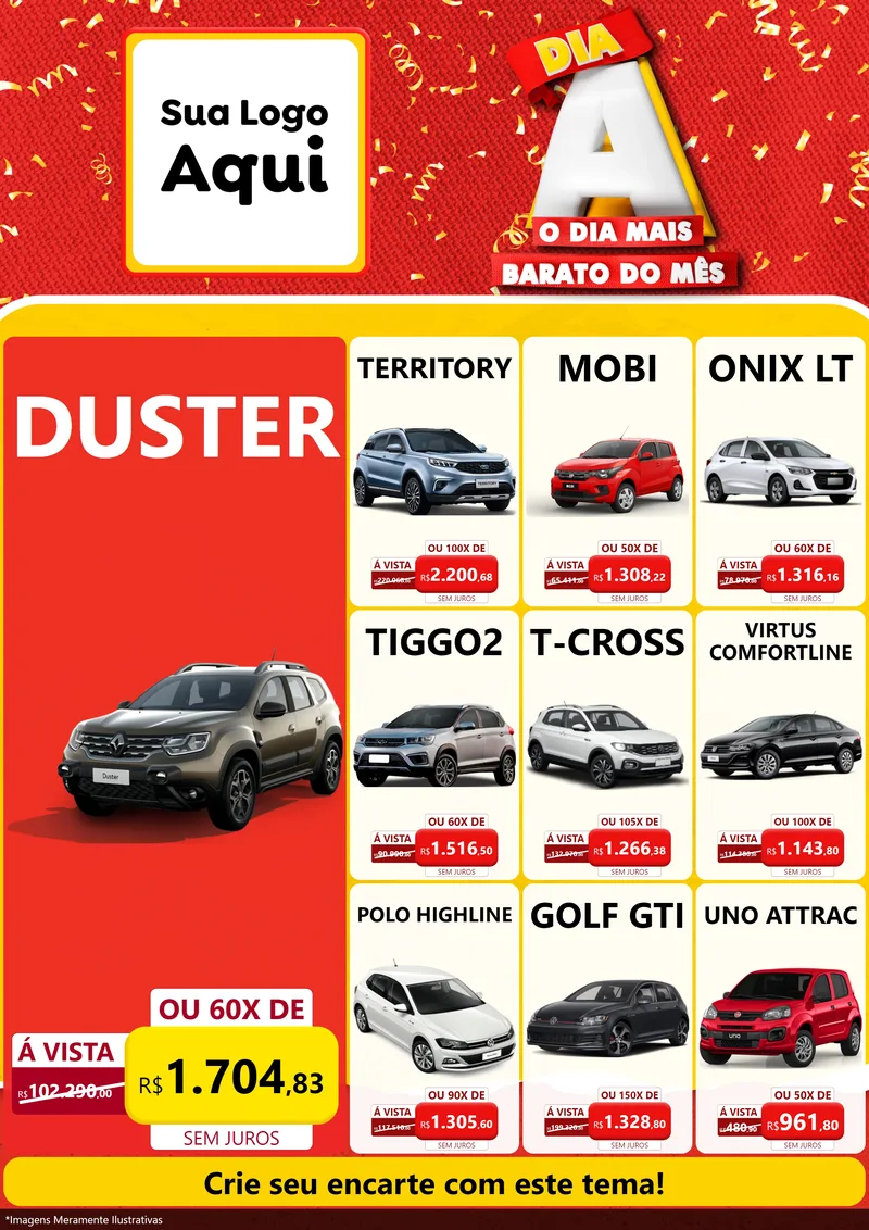 Modelo de Encarte para Encarte A4 Vertical com o tema Dia A o Dia Mais Barato do Mês para Concessionaria de Carros