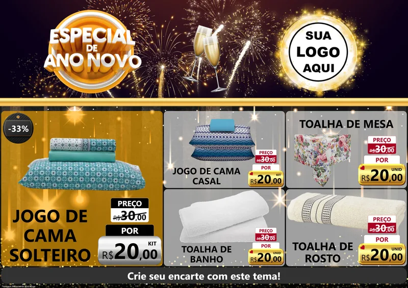 Modelo de Encarte para Encarte A4 Horizontal com o tema Especial de Ano Novo para Cama, Mesa e Banho