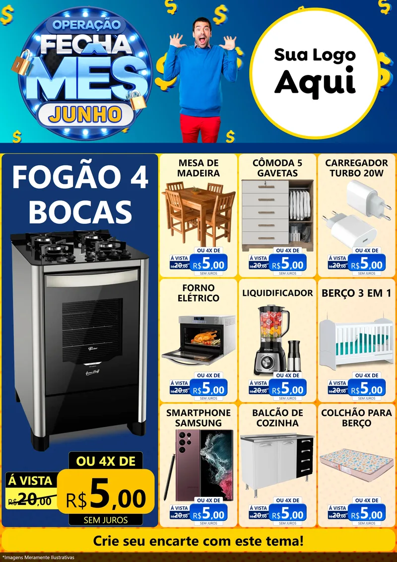 Modelo de Encarte para Encarte A4 Vertical com o tema Operação Fecha Mês, Junho para Móveis e Eletro
