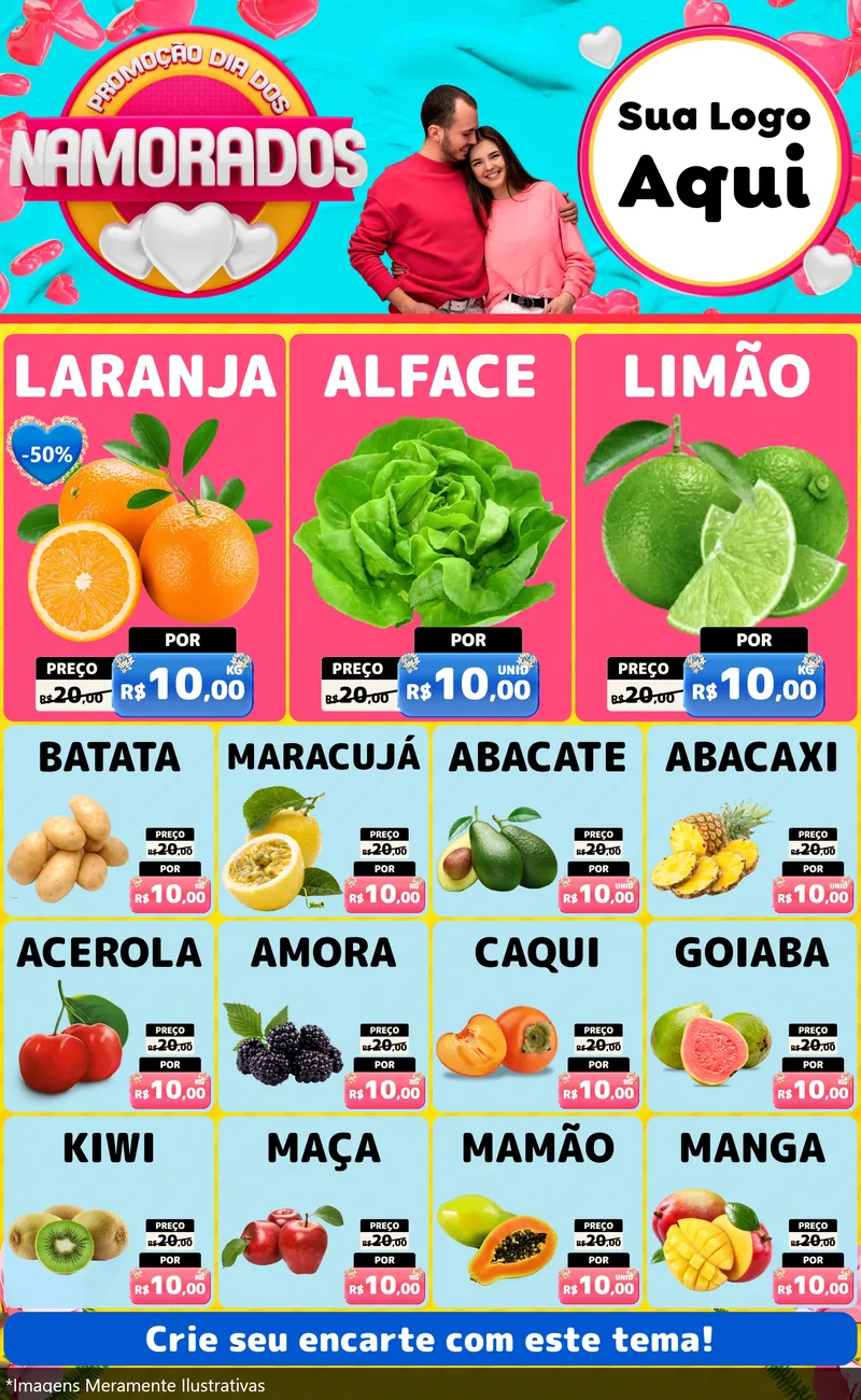 Modelo de Encarte para Encarte Grande com o tema Promoção Dia dos Namorados para Hortifrúti