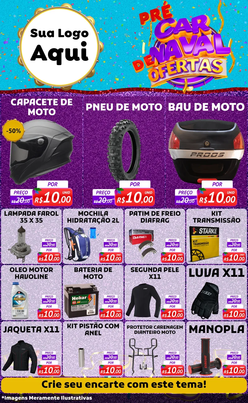 Modelo de Encarte para Encarte Grande com o tema Pré Carnaval de Ofertas para Moto peças