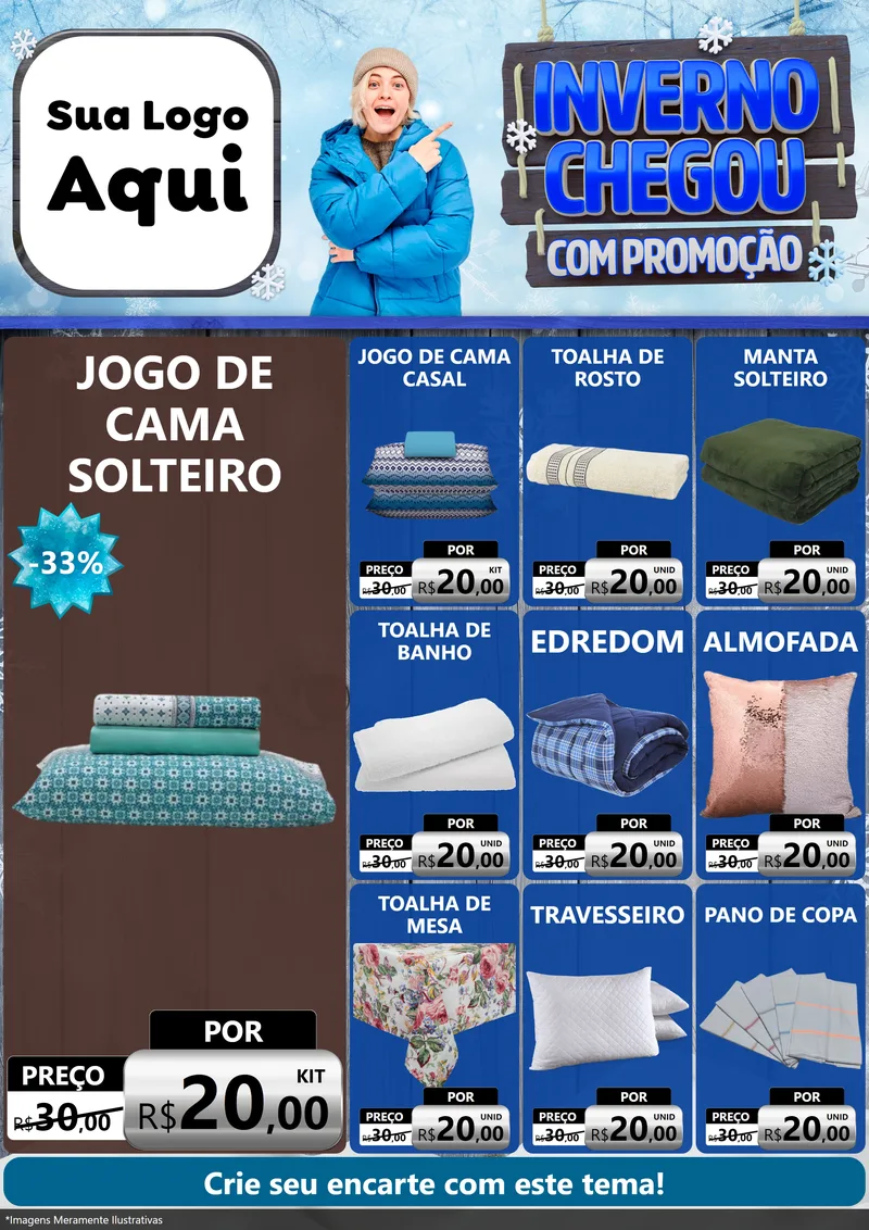 Modelo de Encarte para Encarte A4 Vertical com o tema Inverno Chegou Com Promoção para Cama, Mesa e Banho