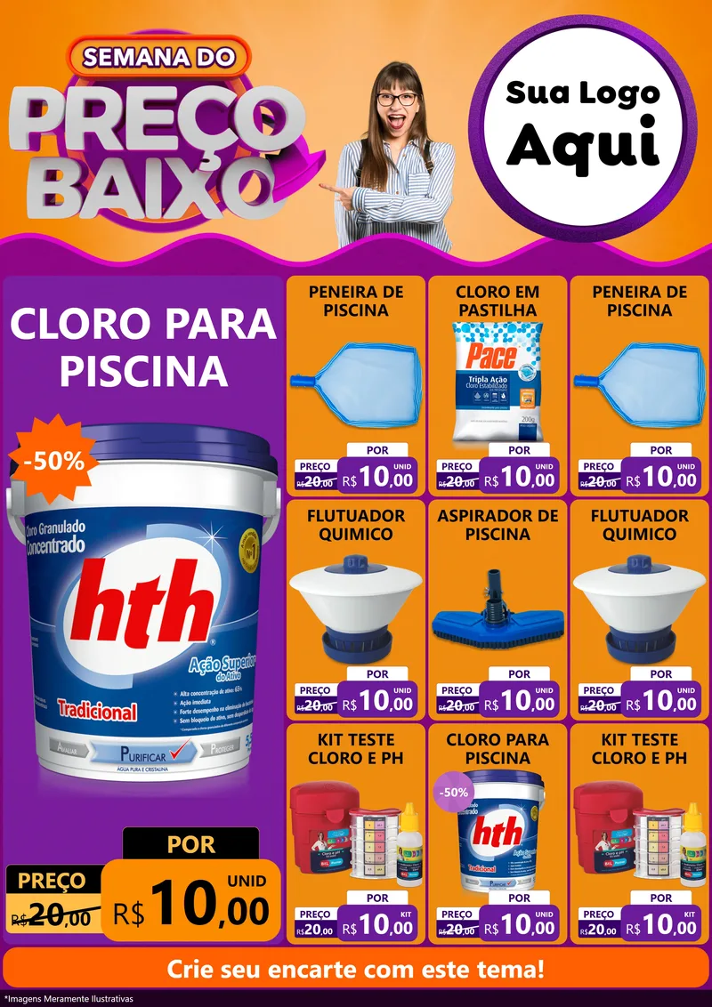 Modelo de Encarte para Encarte A4 Vertical com o tema Semana do Preço Baixo para Produtos para Piscina