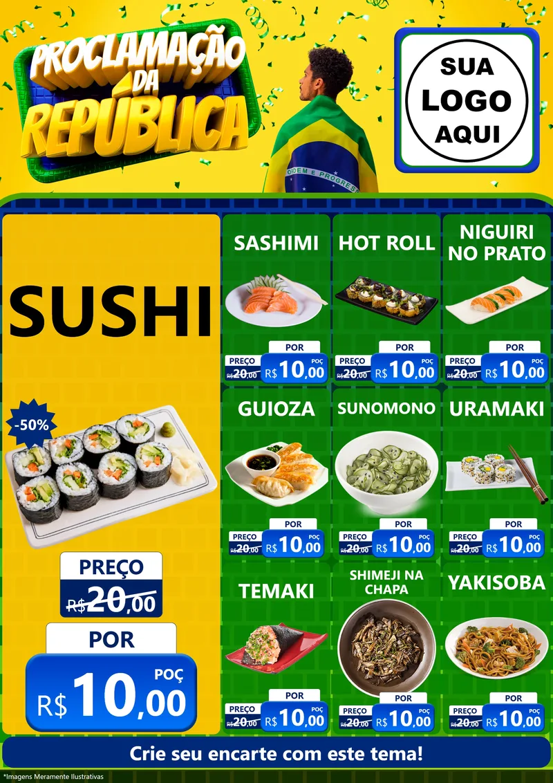 Modelo de Encarte para Encarte A4 Vertical com o tema Proclamação da República para Comida japonesa