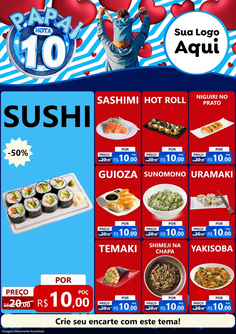 Modelo de Encarte para Encarte A4 Vertical com o tema Papai Nota 10 para Comida japonesa