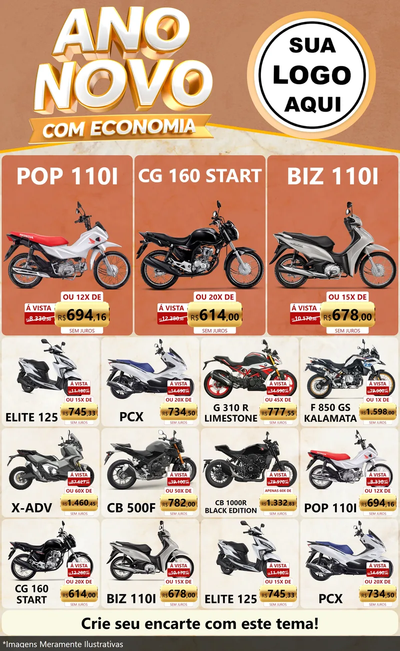 Modelo de Encarte para Encarte Grande com o tema Ano Novo Com Economia para Concessionaria de Motos