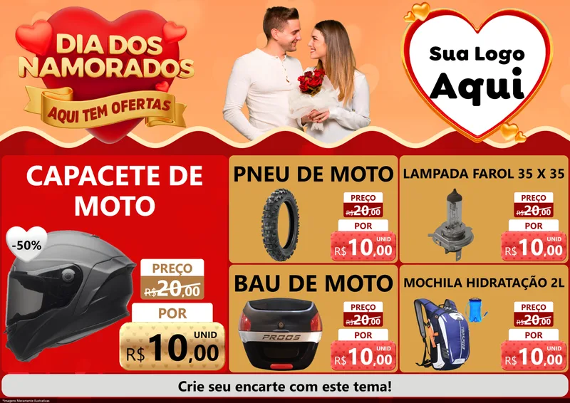 Modelo de Encarte para Encarte A4 Horizontal com o tema Dia dos Namorados - Aqui Tem Ofertas para Moto peças