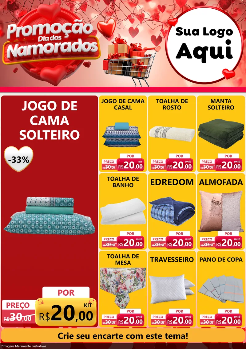 Modelo de Encarte para Encarte A4 Vertical com o tema Promoção Dia dos Namorados para Cama, Mesa e Banho