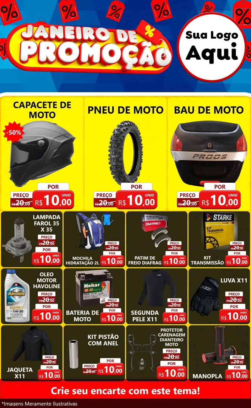 Modelo de Encarte para Encarte Grande com o tema Janeiro de Promoção para Moto peças
