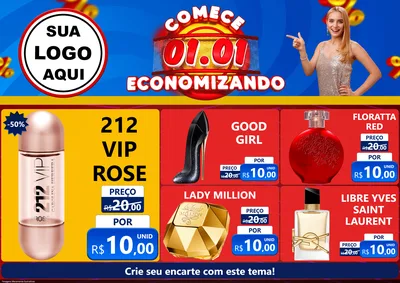 Modelo de Encarte para Encarte A4 Horizontal com o tema Comece 1º de Janeiro Economizando para Perfumes