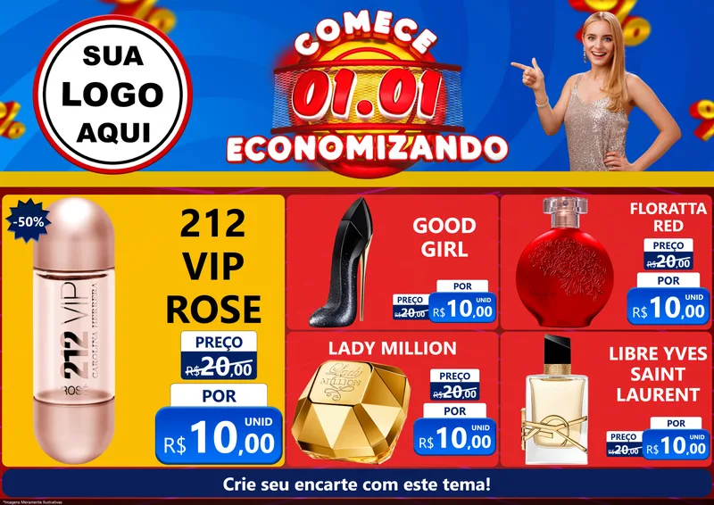 Modelo de Encarte para Encarte A4 Horizontal com o tema Comece 1º de Janeiro Economizando para Perfumes