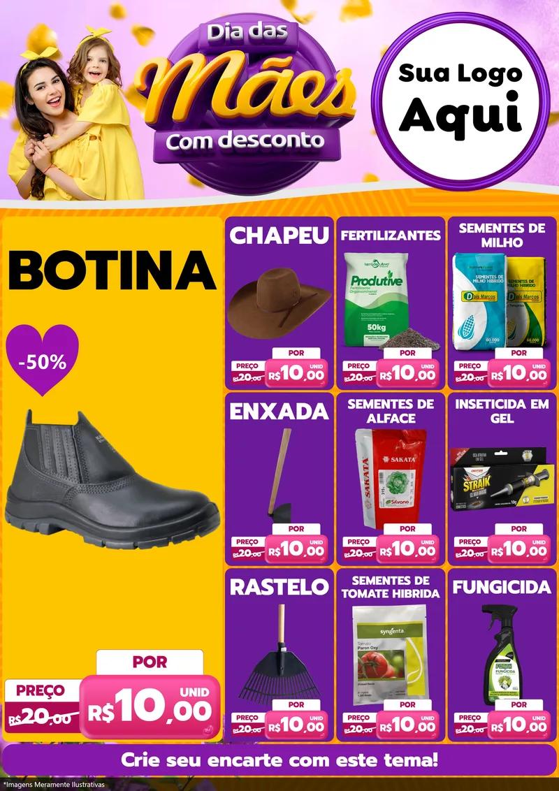 Modelo de Encarte para Encarte A4 Vertical com o tema Dia das Mães com Desconto para Agropecuária