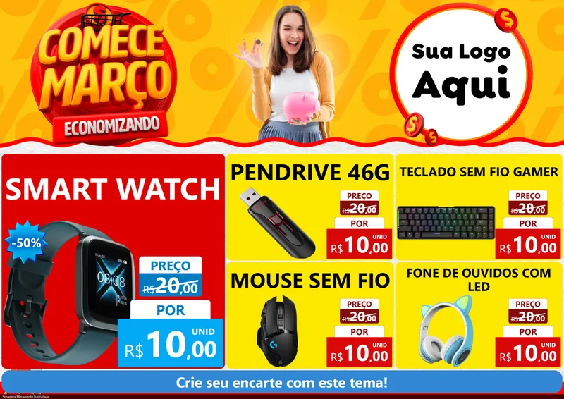 Modelo de Encarte para Encarte A4 Horizontal com o tema Comece Março Economizando para Informática