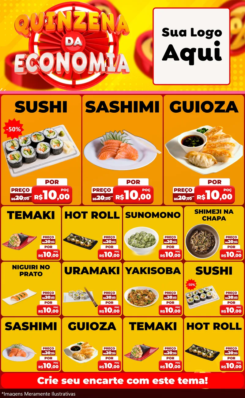 Modelo de Encarte para Encarte Grande com o tema Quinzena Da Economia para Comida japonesa
