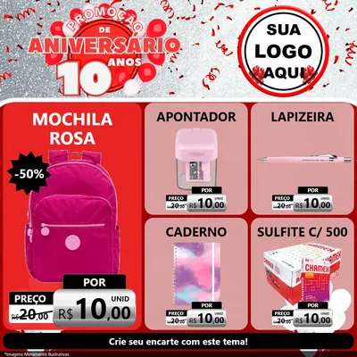 Modelo de Rede Social para Feed Facebook com o tema Promoção de Aniversário - 10 Anos para Papelaria