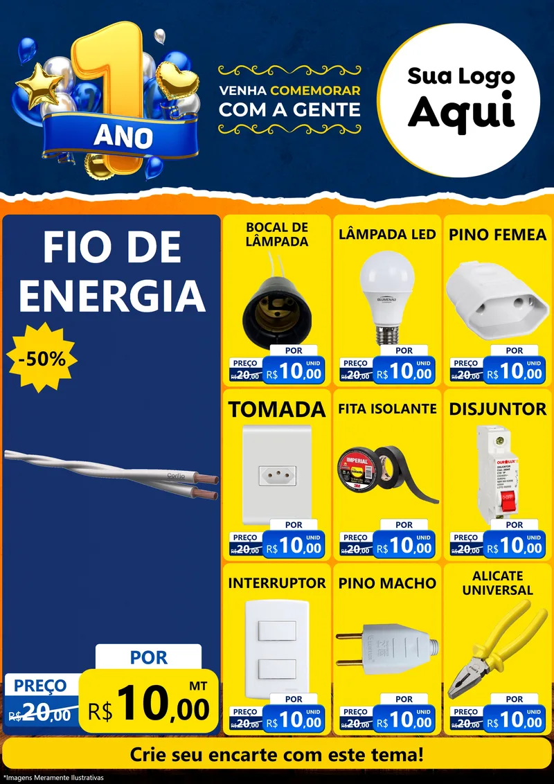 Modelo de Encarte para Encarte A4 Vertical com o tema Um Ano de Aniversário para Materiais Elétricos