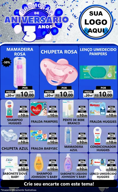 Modelo de Encarte para Encarte Grande com o tema Promoção de Aniversário - 3 Anos para Bebês