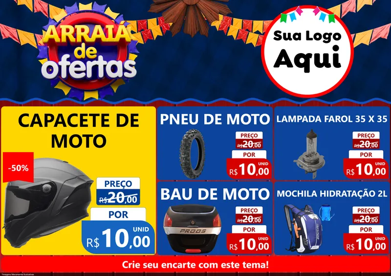 Modelo de Encarte para Encarte A4 Horizontal com o tema Arraiá de Ofertas para Moto peças