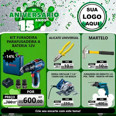 Modelo de Rede Social para Feed Facebook com o tema Promoção de Aniversário - 15 Anos para Maquinas e Ferramentas