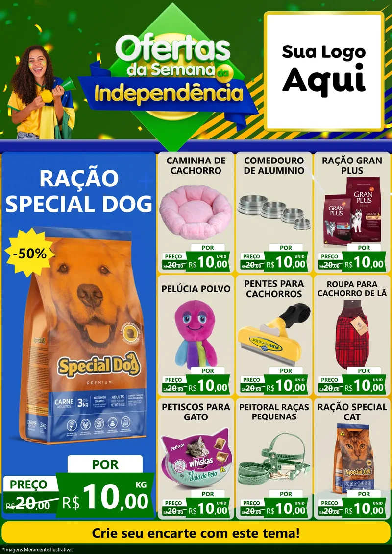 Modelo de Encarte para Encarte A4 Vertical com o tema Ofertas da Semana da Independência para Pet Shop