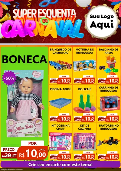 Modelo de Encarte para Encarte A4 Vertical com o tema Super Esquenta de Carnaval para Brinquedos
