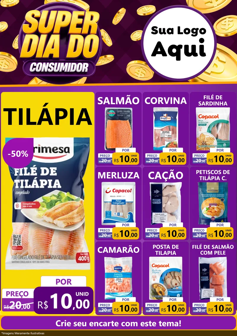 Modelo de Encarte para Encarte A4 Vertical com o tema Super Dia do Consumidor para Peixaria