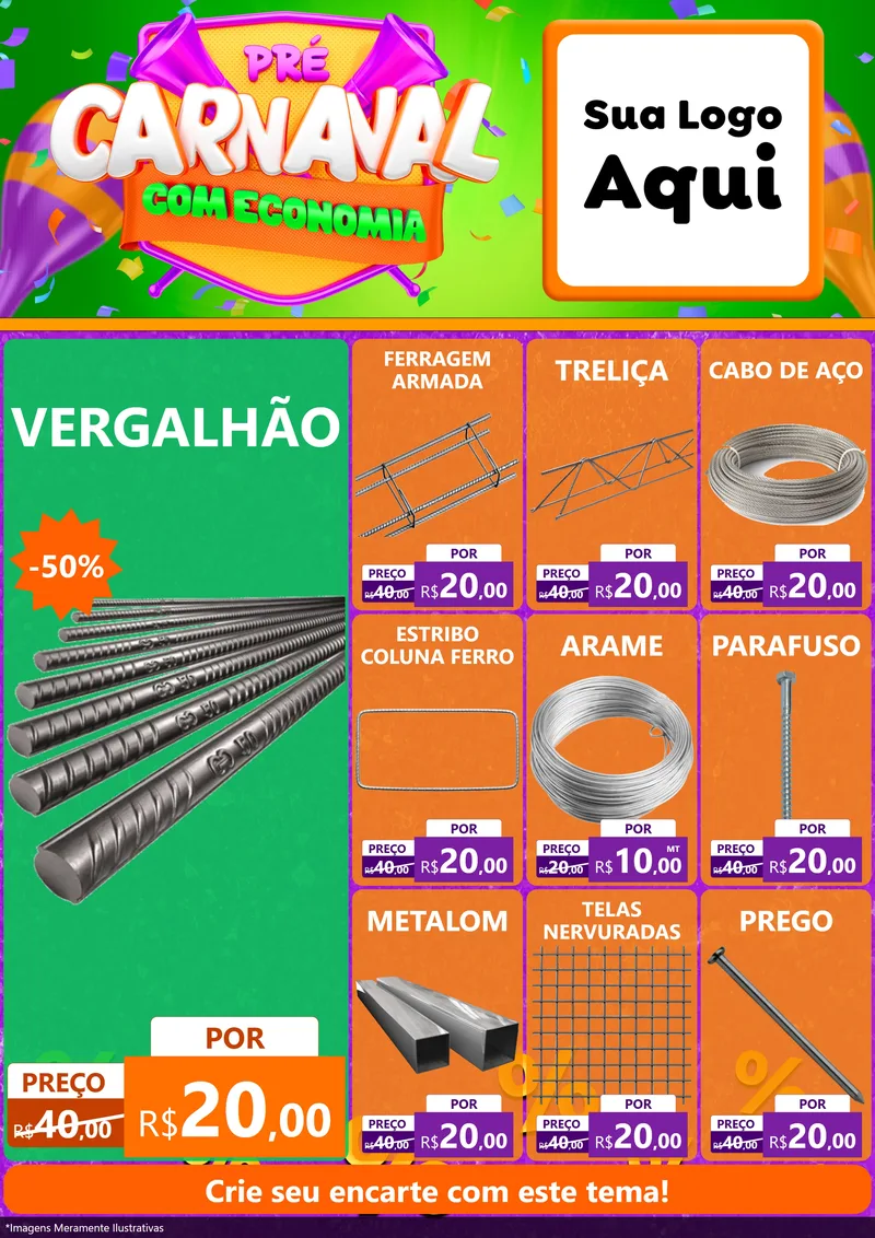 Modelo de Encarte para Encarte A4 Vertical com o tema Pré-Carnaval Com Economia para Ferragens