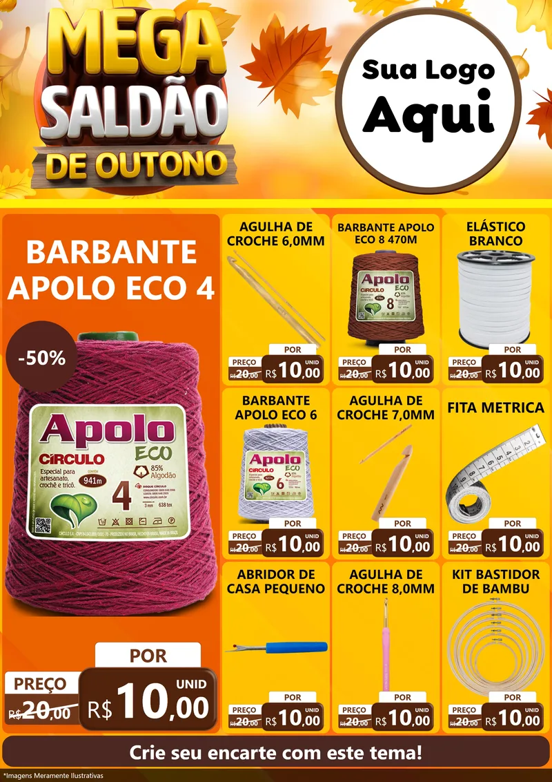 Modelo de Encarte para Encarte A4 Vertical com o tema Mega Saldão de Outono para Armarinho e Aviamentos