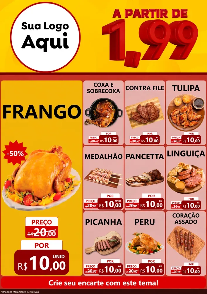 Modelo de Encarte para Encarte A4 Vertical com o tema A Partir de Um e Noventa e Nove - 1,99 para Assados