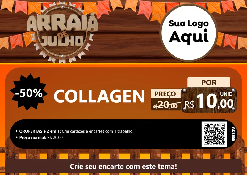 Modelo de Cartaz para Cartaz A4 Horizontal com o tema Arraiá de Julho - Junina para Suplementos alimentares
