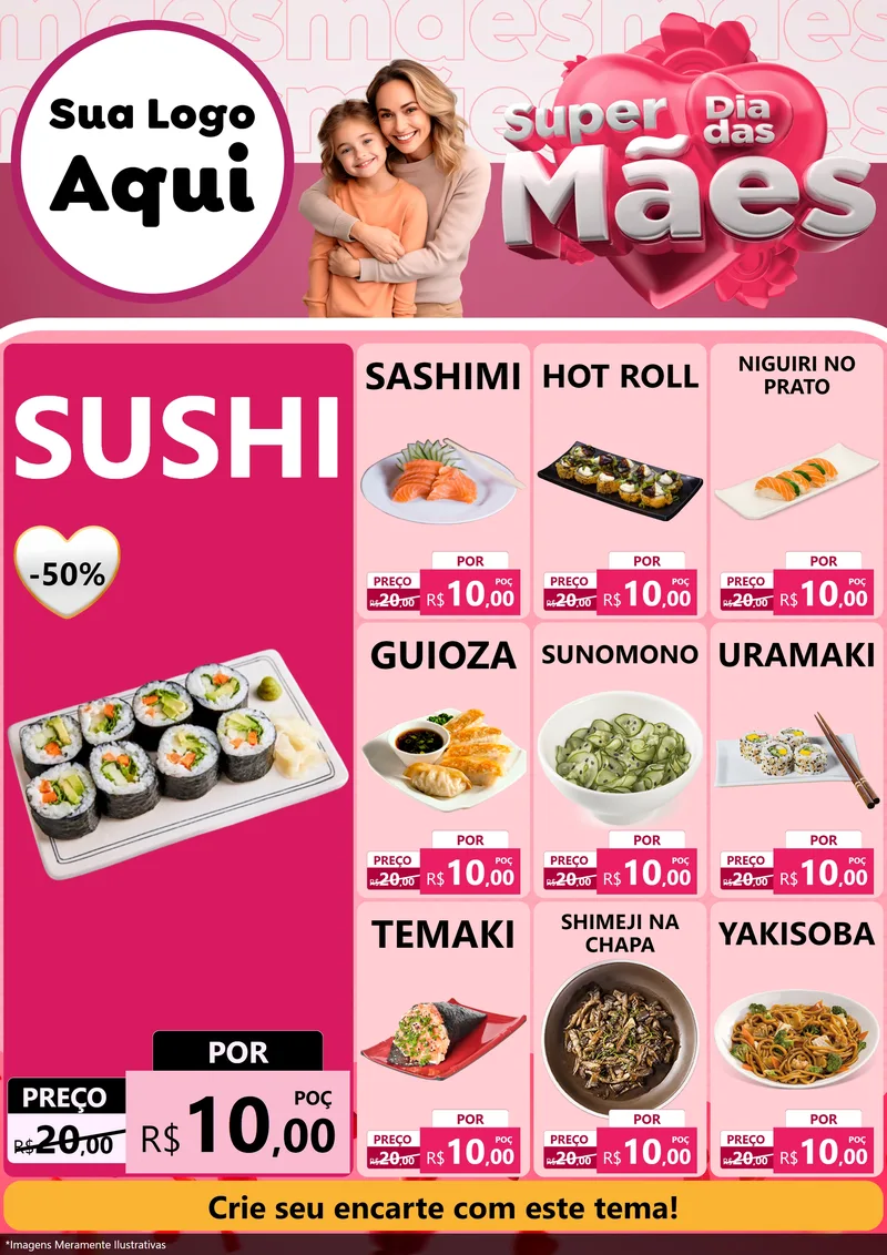 Modelo de Encarte para Encarte A4 Vertical com o tema Super Dia Das Mães para Comida japonesa