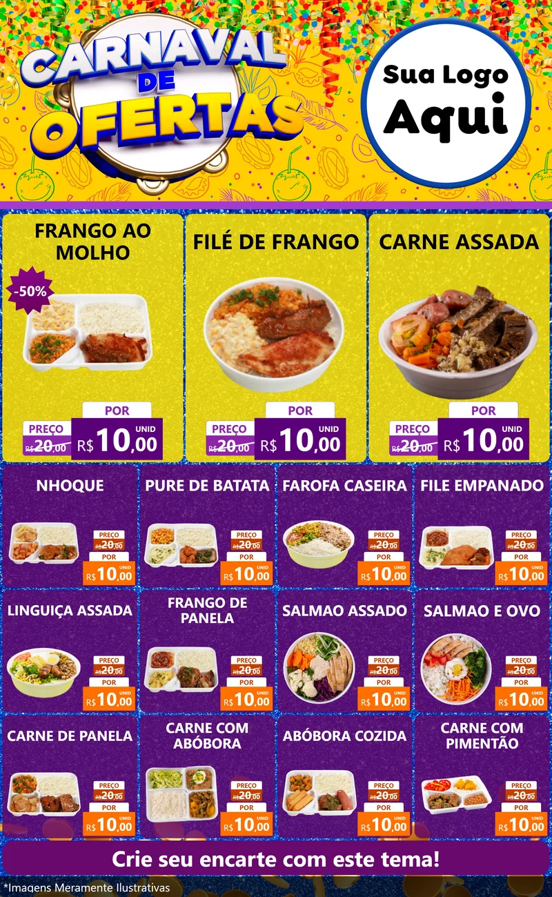 Modelo de Encarte para Encarte Grande com o tema Carnaval de Ofertas para Restaurante