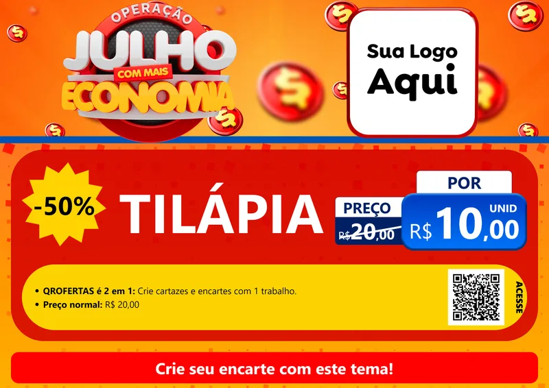 Modelo de Cartaz para Cartaz A4 Horizontal com o tema Operação Julho Com Mais Economia para Peixaria