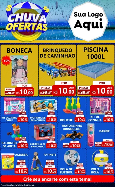 Modelo de Encarte para Encarte Grande com o tema Chuva de Ofertas para Brinquedos