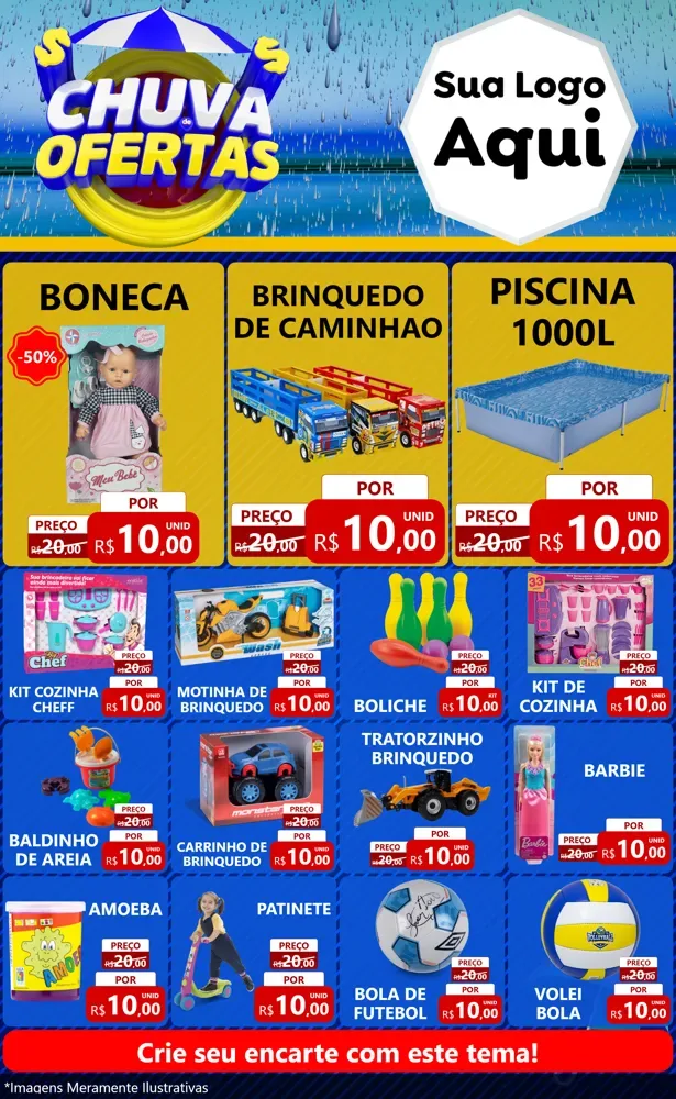 Modelo de Encarte para Encarte Grande com o tema Chuva de Ofertas para Brinquedos