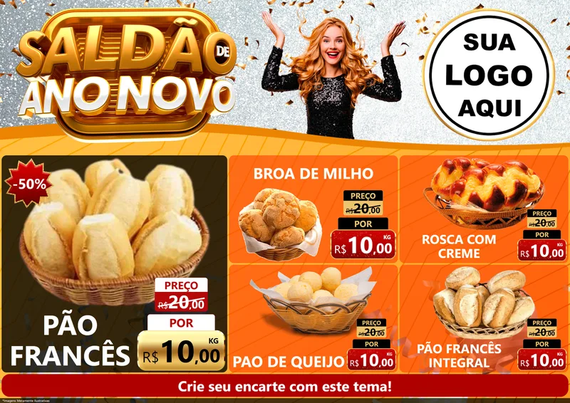 Modelo de Encarte para Encarte A4 Horizontal com o tema Saldão de Ano Novo para Padaria