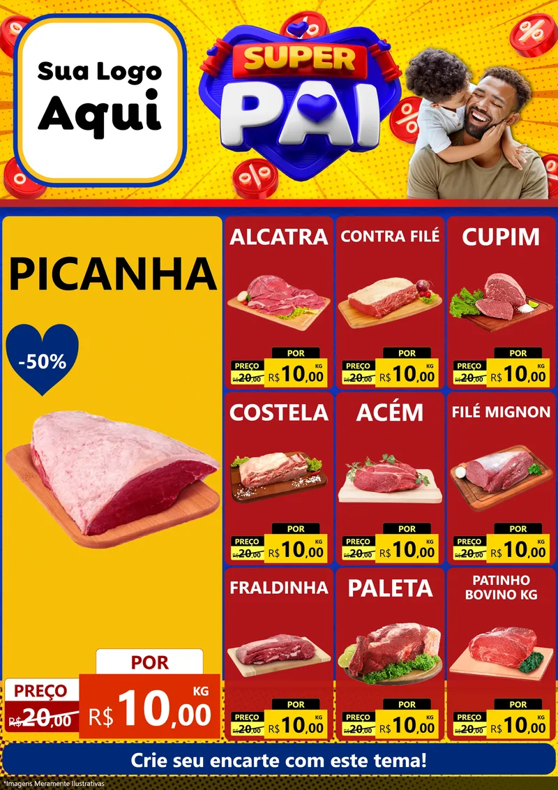 Modelo de Encarte para Encarte A4 Vertical com o tema Super Pai para Açougue