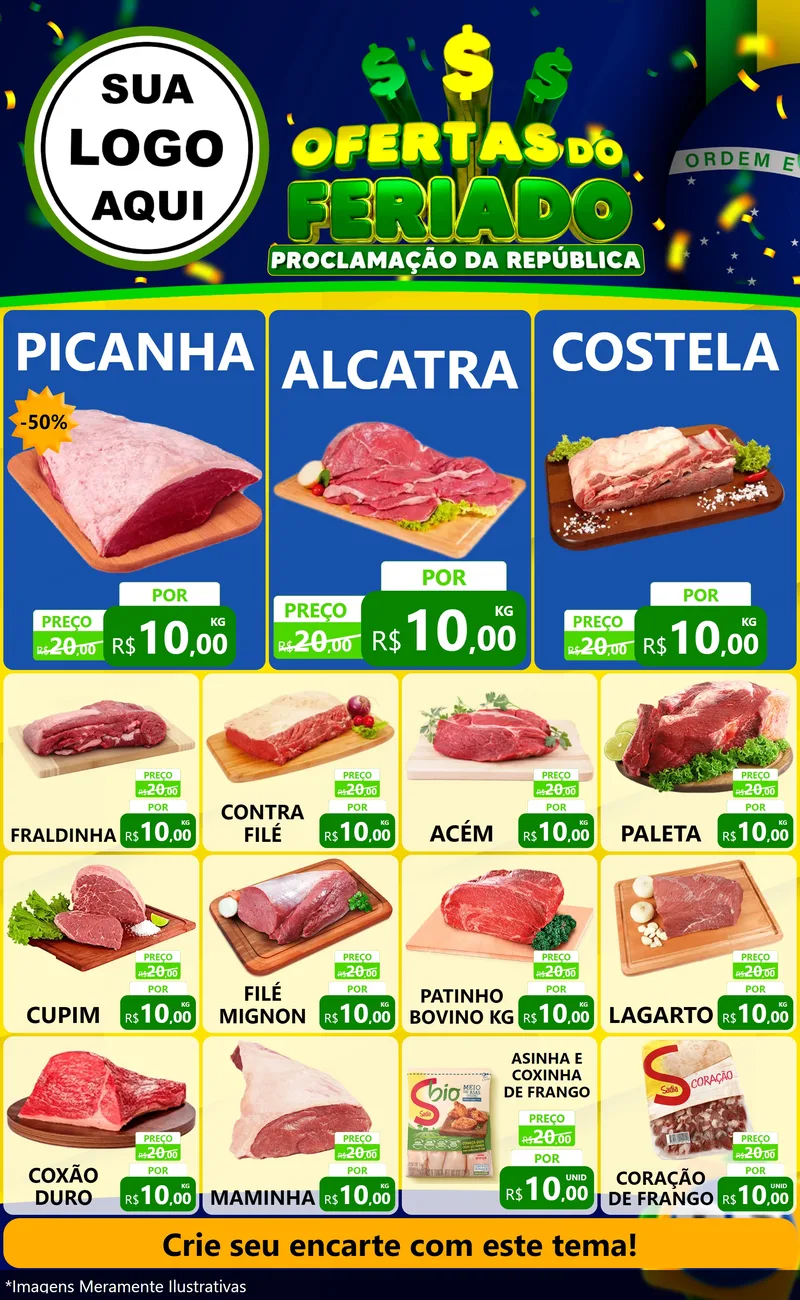 Modelo de Encarte para Encarte Grande com o tema Ofertas do Feriado - Proclamação da República para Açougue