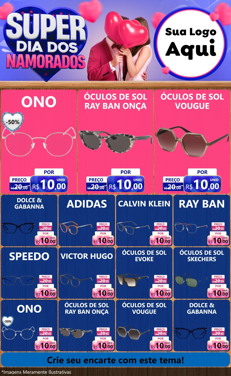 Modelo de Encarte para Encarte Grande com o tema Super Dia dos Namorados para Óticas