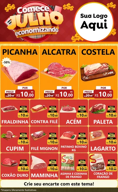 Modelo de Encarte para Encarte Grande com o tema Comece Julho Economizando para Açougue