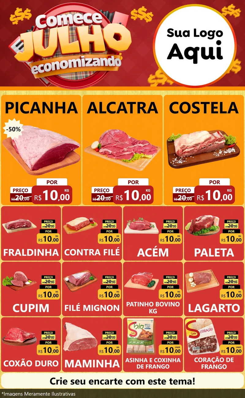 Modelo de Encarte para Encarte Grande com o tema Comece Julho Economizando para Açougue