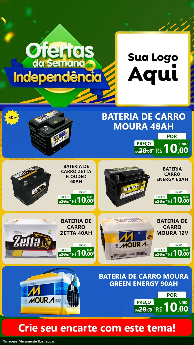 Modelo de TV para TV Vertical com o tema Ofertas da Semana da Independência para Baterias Elétricas