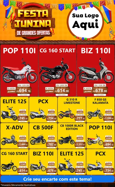 Modelo de Encarte para Encarte Grande com o tema Festa Junina de Grandes Ofertas para Concessionaria de Motos